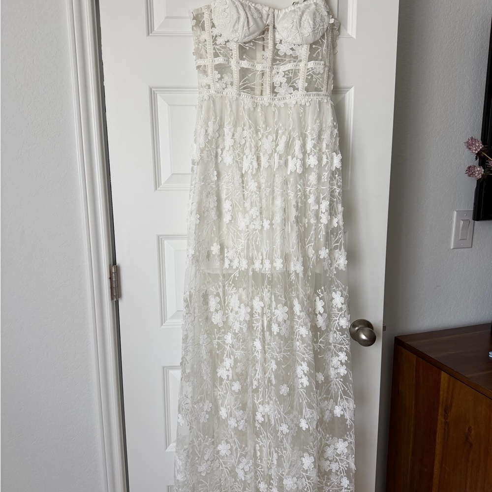 Bronx and Banco Ivory Floral Lace Strapless Maxi Dress